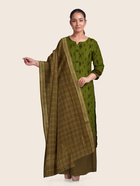 

Pothys Green & Brown Printed Pure Cotton Unstitched Dress Material