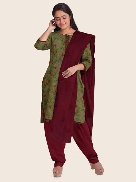 

Pothys Green & Maroon Printed Unstitched Dress Material