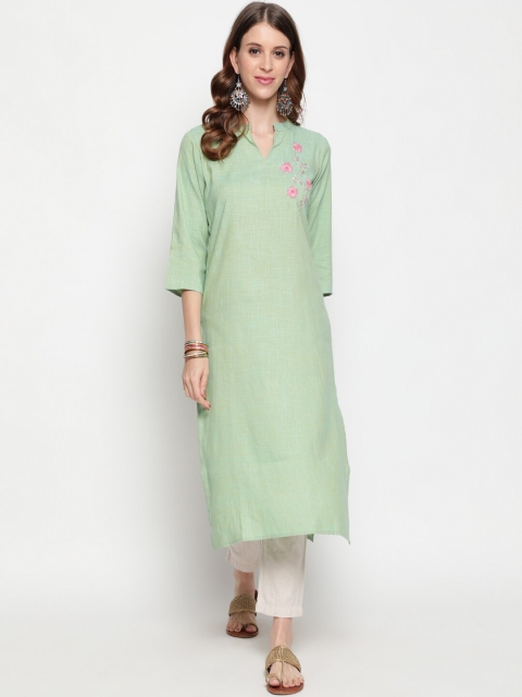 

THE NKS PLUS Women Green Thread Work Kurta