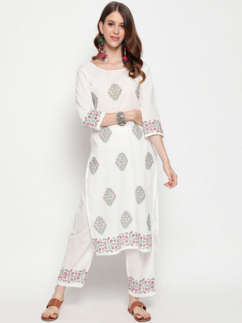 

THE NKS PLUS Women White Floral Printed Pure Cotton Kurta with Trousers