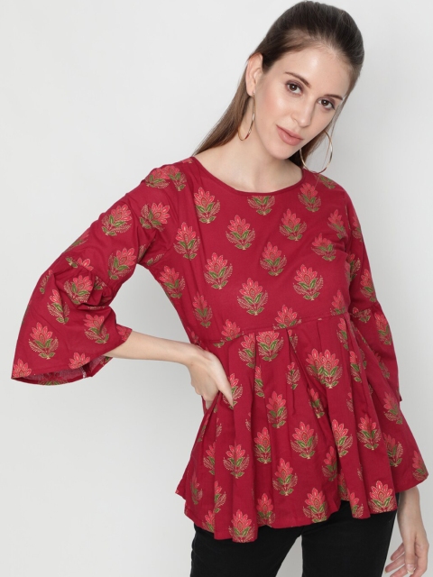 

THE NKS PLUS Maroon Floral Print Cinched Waist Top