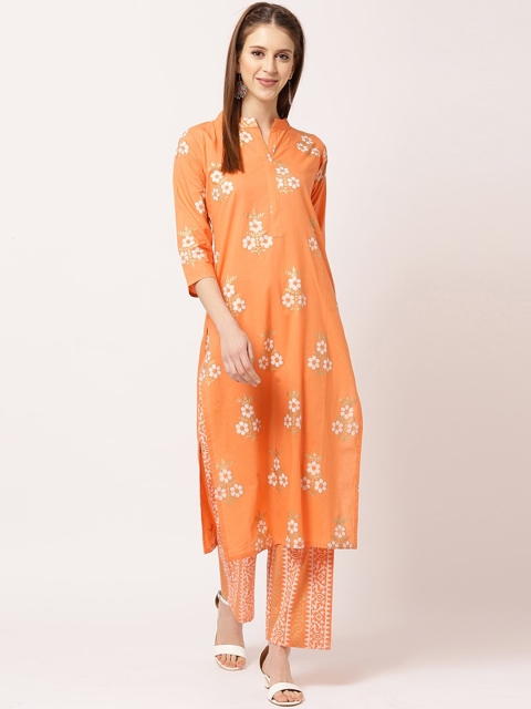 

THE NKS PLUS Women Orange Floral Printed Pure Cotton Kurta with Trousers