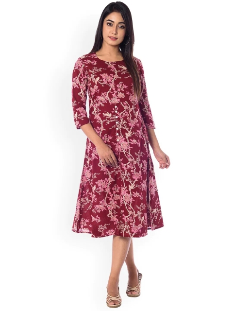 

anayna Maroon Floral A-Line Cotton Midi Dress
