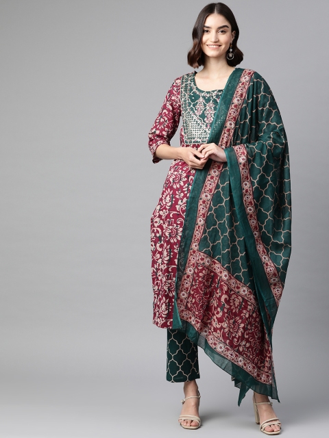 

Sasimo Women Green Embroidered Sequinned Pure Cotton Kurta with Trousers & With Dupatta