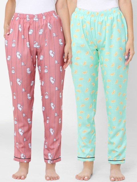 

FashionRack Women Pack Of 2 Pink & Sea Green Printed Cotton Lounge Pants