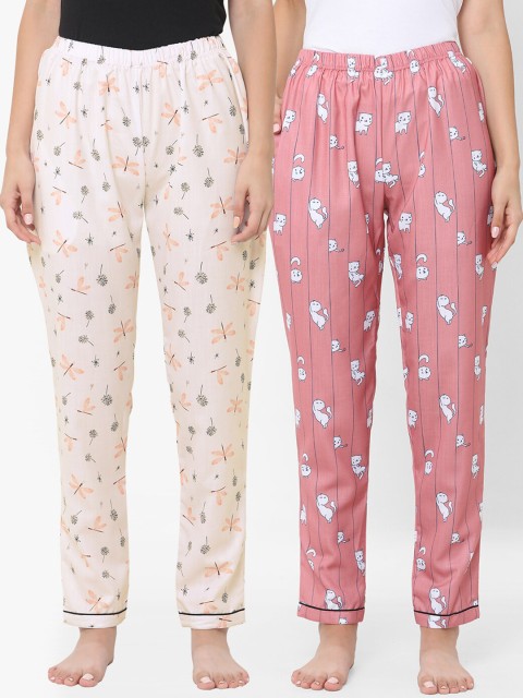 

FashionRack Women Pink & Peach Pack of 2 Printed Cotton Lounge Pants