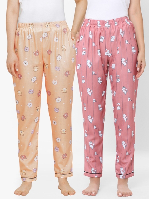 

FashionRack Women Pack Of 2 Pink & Orange Printed Lounge Pants