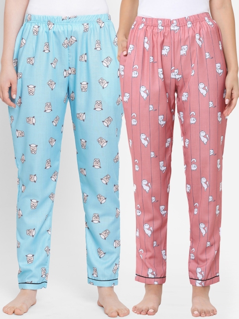 

FashionRack Women Pack Of 2 Blue & Pink Printed Lounge Pants