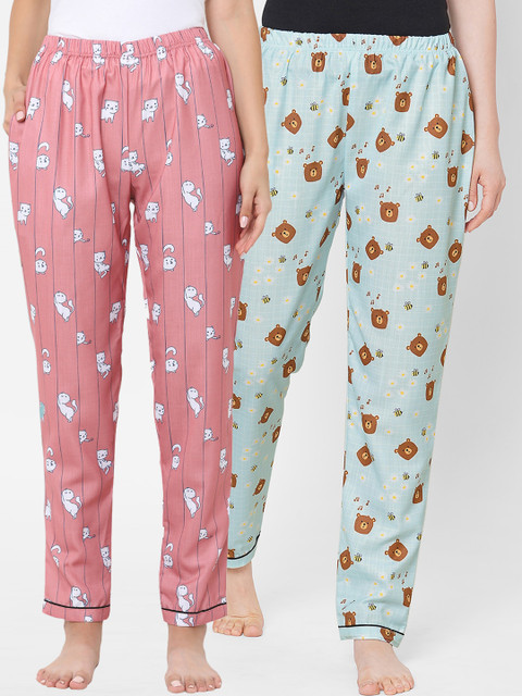 

FashionRack Women Pink & Blue Pack of 2 Printed Cotton Lounge Pants