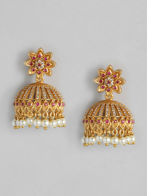 

Peora Magenta Gold-Plated Stone-Studded Beaded Jhumkas