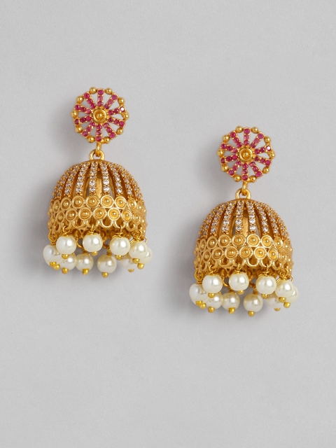 

Peora Magenta & White Gold-Plated Stone-Studded Beaded Jhumkas