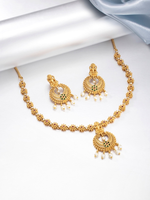

Peora Gold-Toned South Indian Traditional Style Necklace Earring Jewellery Set