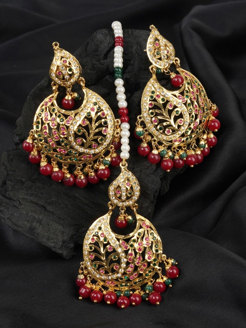 

FIROZA Gold-Plated Red & Green Stone-Studded Jadau Maang Tika With Earrings