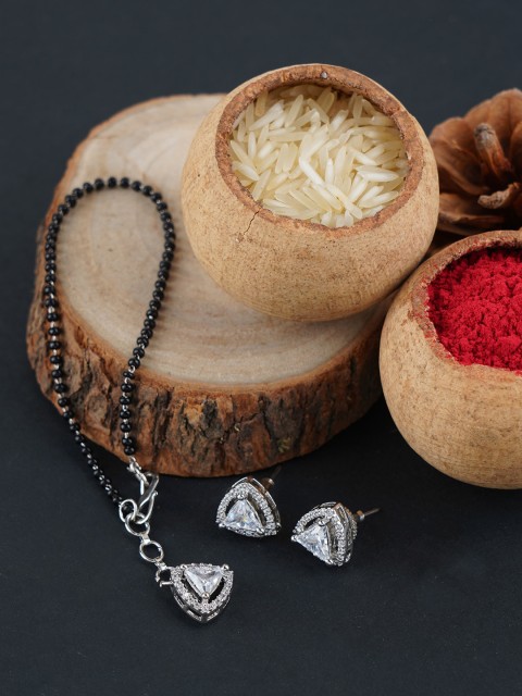 

FIROZA Rhodium-Plated Silver-Toned & Black Hand Mangalsutra With Earrings