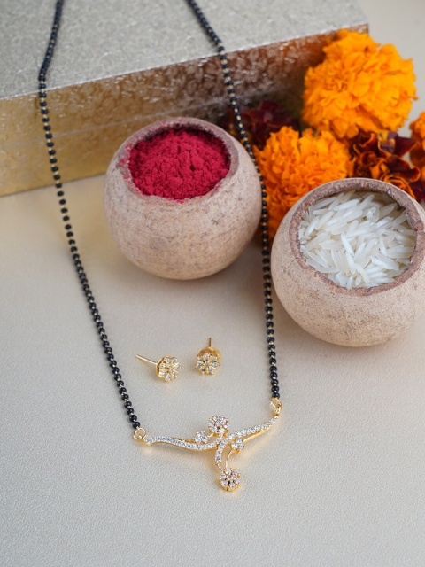 

FIROZA Gold-Plated Black & White Beaded & Crystal Studded Mangalsutra Set