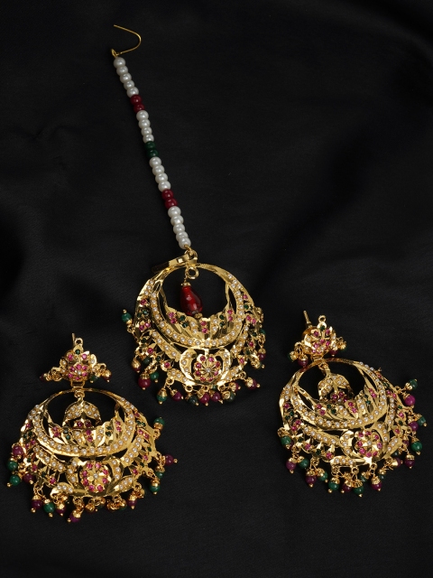 

FIROZA Gold-Plated Green & Pink Stone Studded Jadau Maang Tika With Earrings