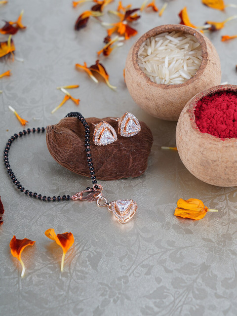 

FIROZA Rose Gold-Plated Black & White Crystal-Studded & Beaded Hand Mangalsutra Set