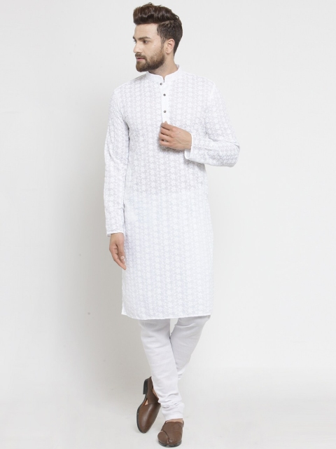 

TREEMODA Men White Embroidered Chikankari Pure Cotton Kurta with Churidar