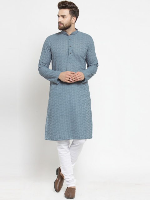 

TREEMODA Men Blue Floral Embroidered Pure Cotton Kurta with Churidar