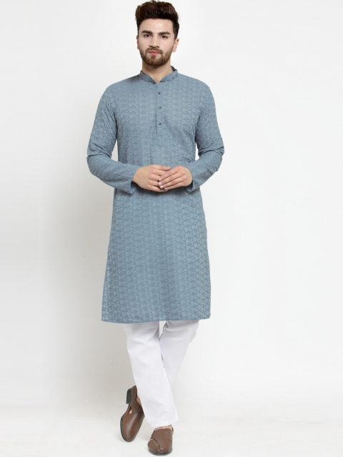 

TREEMODA Men Blue Embroidered Chikankari Pure Cotton Kurta with Pyjamas