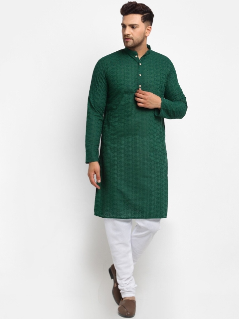 

TREEMODA Men Green & White Embroidered Floral Pure Cotton Kurta with Pyjamas