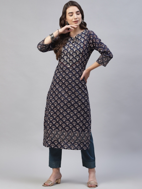 

Readiprint Fashions Women Navy Blue Ethnic Motifs Printed Pure Cotton Kurta with Trousers