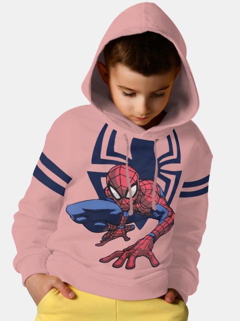 

BONKIDS Boys Pink Spider-Man Printed Cotton Hooded Sweatshirt