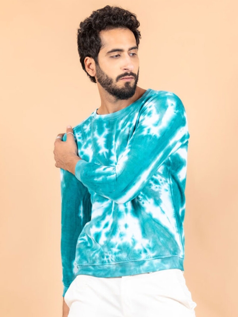 

Tistabene Men Sea Green & White Tie and Dye Printed Pullover