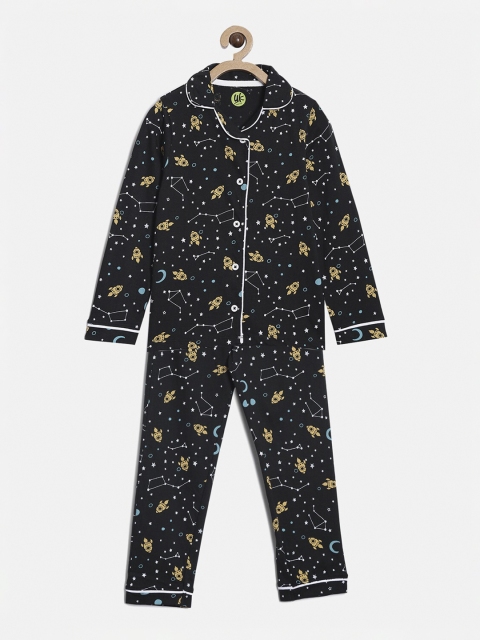

YK Girls Black All Over Space Printed Cotton Night Suit