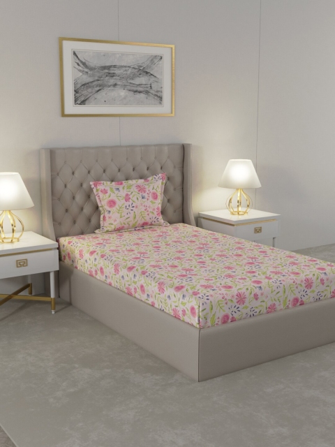 

Raymond Home Pink & Green Floral 104 TC Cotton Single Bedsheet with 1 Pillow Cover