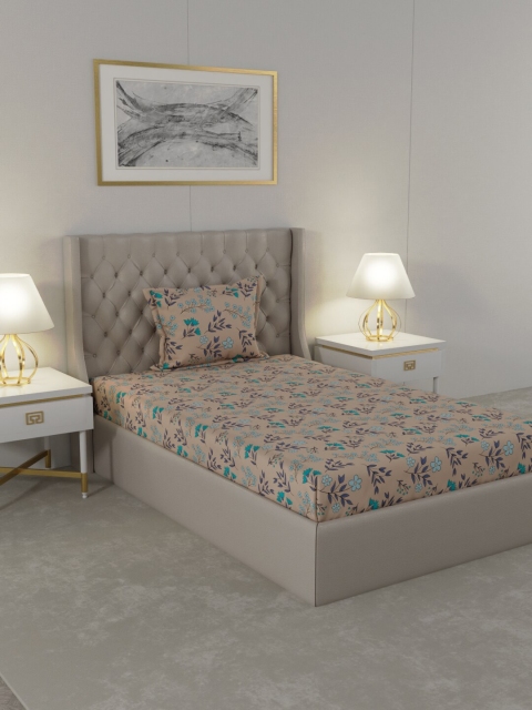 

Raymond Home Peach-Coloured & Blue Floral 104 TC Single Bedsheet with 1 Pillow Covers
