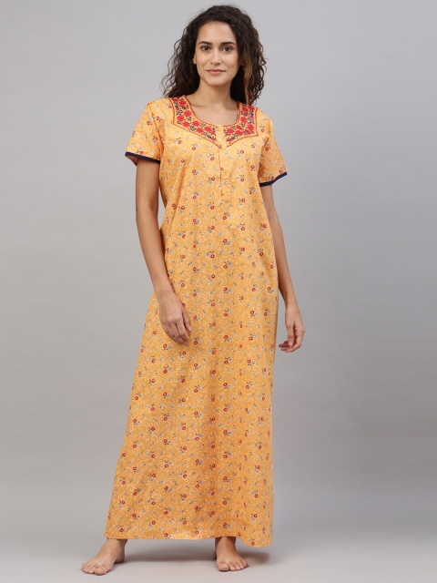 

TRUNDZ Orange Printed Pure Cotton Maxi Nightdress