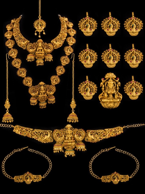 

Alankruthi Gold-Plated Stone Studded Lakshmi Peacock Bridal Jewellery Set