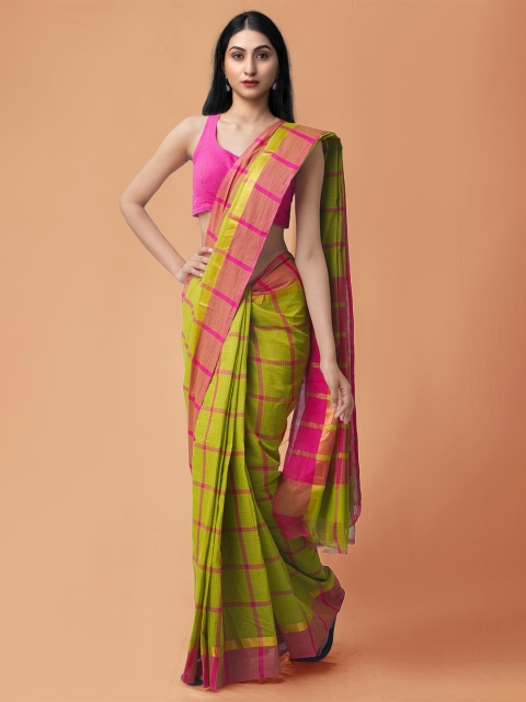 

Unnati Silks Green & Magenta Checked Pure Cotton Mangalagiri Saree