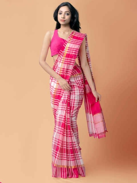 

Unnati Silks Pink & White Checked Pure Cotton Mangalagiri Saree
