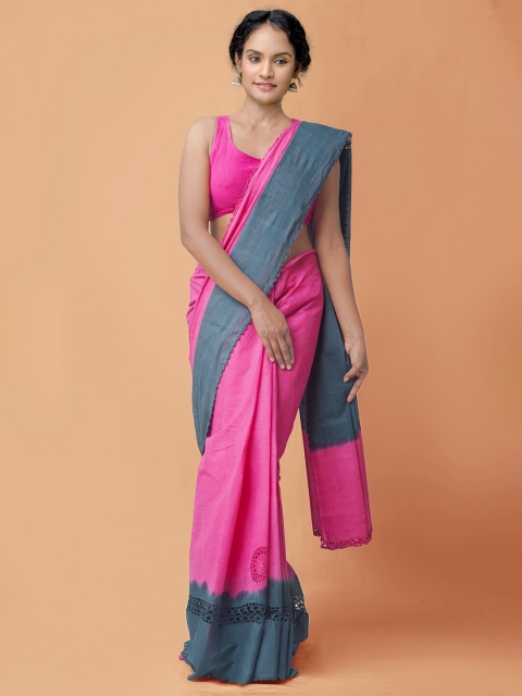 

Unnati Silks Pink & Grey Floral Pure Cotton Bhagalpuri Saree