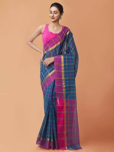 

Unnati Silks Blue & Magenta Checked Zari Pure Cotton Mangalagiri Saree
