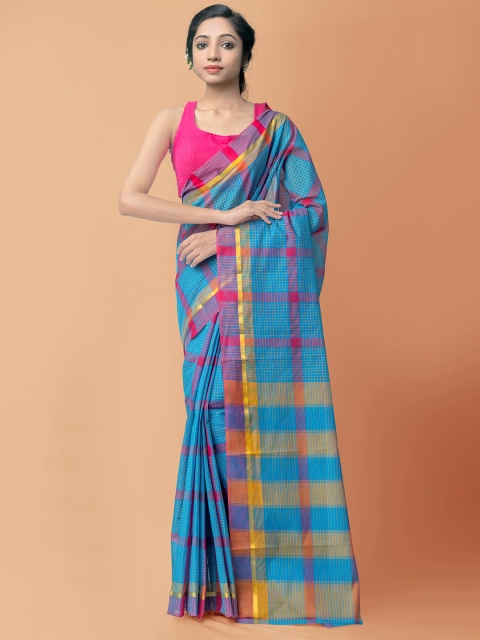 

Unnati Silks Blue & Magenta Striped Pure Cotton Mangalagiri Saree