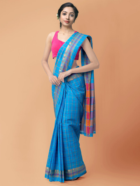 

Unnati Silks Blue & Magenta Checked Zari Pure Cotton Mangalagiri Saree