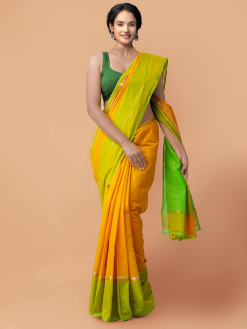 

Unnati Silks Yellow & Green Zari Pure Cotton Mangalagiri Saree