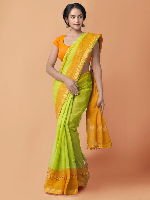 

Unnati Silks Green & Orange Floral Zari Pure Cotton Kota Saree