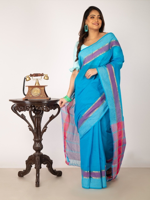 

Unnati Silks Blue & Purple Woven Design Zari Pure Cotton Mangalagiri Saree