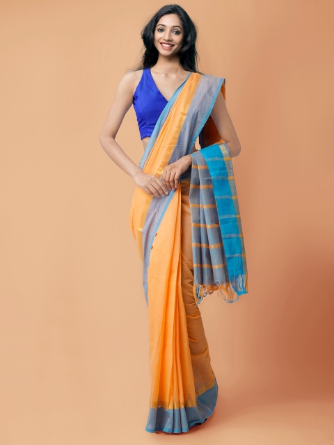 

Unnati Silks Peach-Coloured & Blue Zari Pure Cotton Mangalagiri Saree