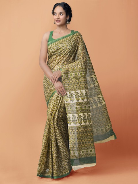 

Unnati Silks Brown & Green Floral Pure Cotton Kota Saree