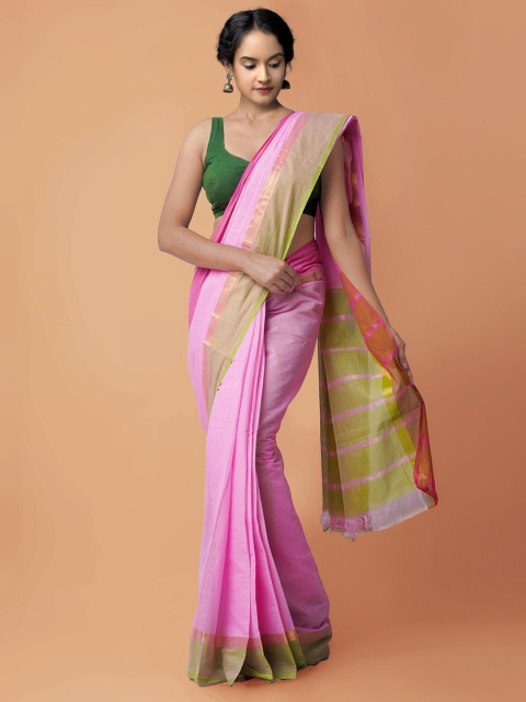 

Unnati Silks Pink & Green Zari Pure Cotton Handloom Pavani Mangalagiri Saree