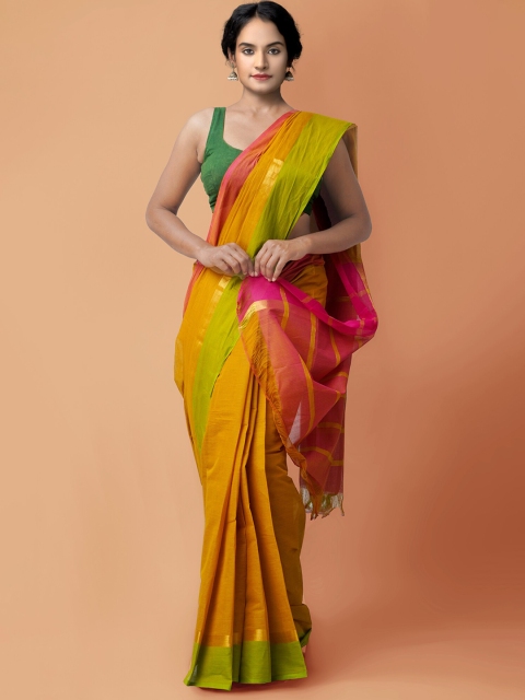 

Unnati Silks Brown & Yellow Woven Design Zari Pure Cotton Mangalagiri Saree