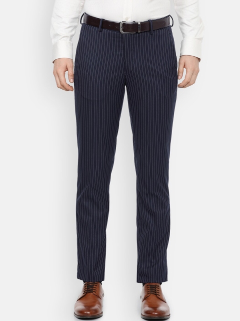 

Louis Philippe Men Navy Blue Striped Slim Fit Trousers