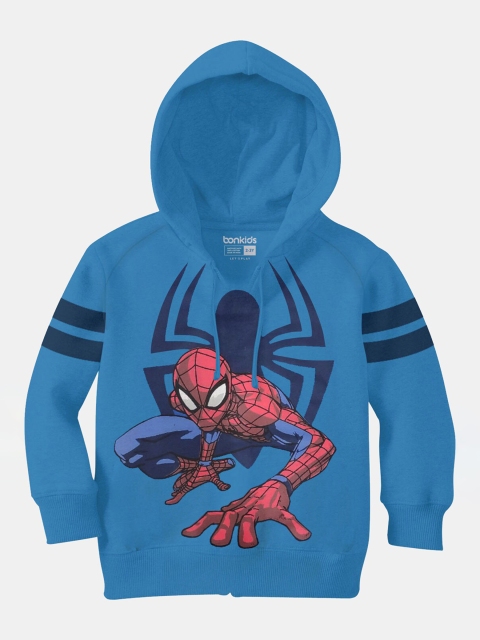 

BONKIDS Girls Blue Spiderman Printed Hooded Sweatshirt