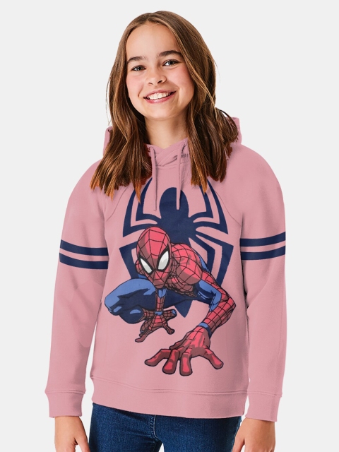

BONKIDS Girls Pink Spiderman Printed Hooded Sweatshirt