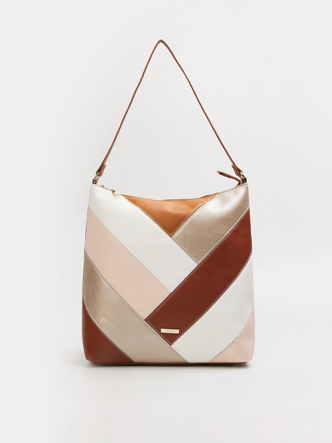

CODE by Lifestyle White Gold-Toned Striped Structured Hobo Bag